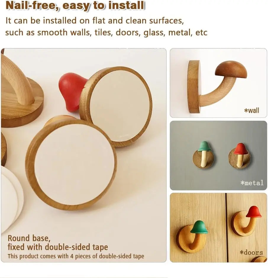 Wooden mushroom coat hooks wall mounted towel hanger solid wood colorful set of with screws (4 hooks & 8 screws)
