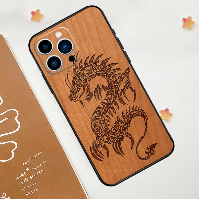 Turtle elephant dragon wood phone case for iphone 15 16 14 13 12 11 pro max mini plus xs x xr back cover - 9251