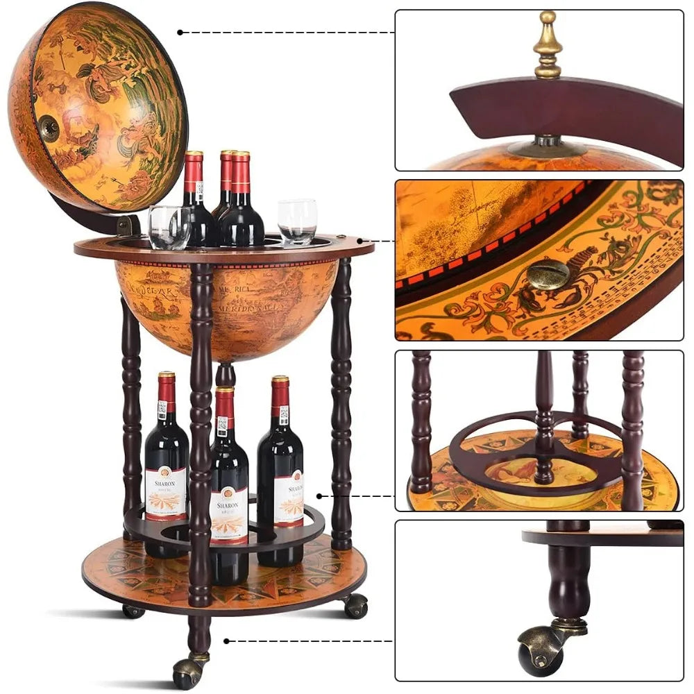330mm/360mm globe drinks cabinet movable whisky wine spirits with casters container minibar storage wooden cart (united
