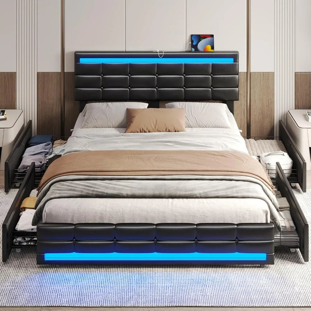 Adorneve queen bed frame with led lights leather platform storage drawers and charging station siz
