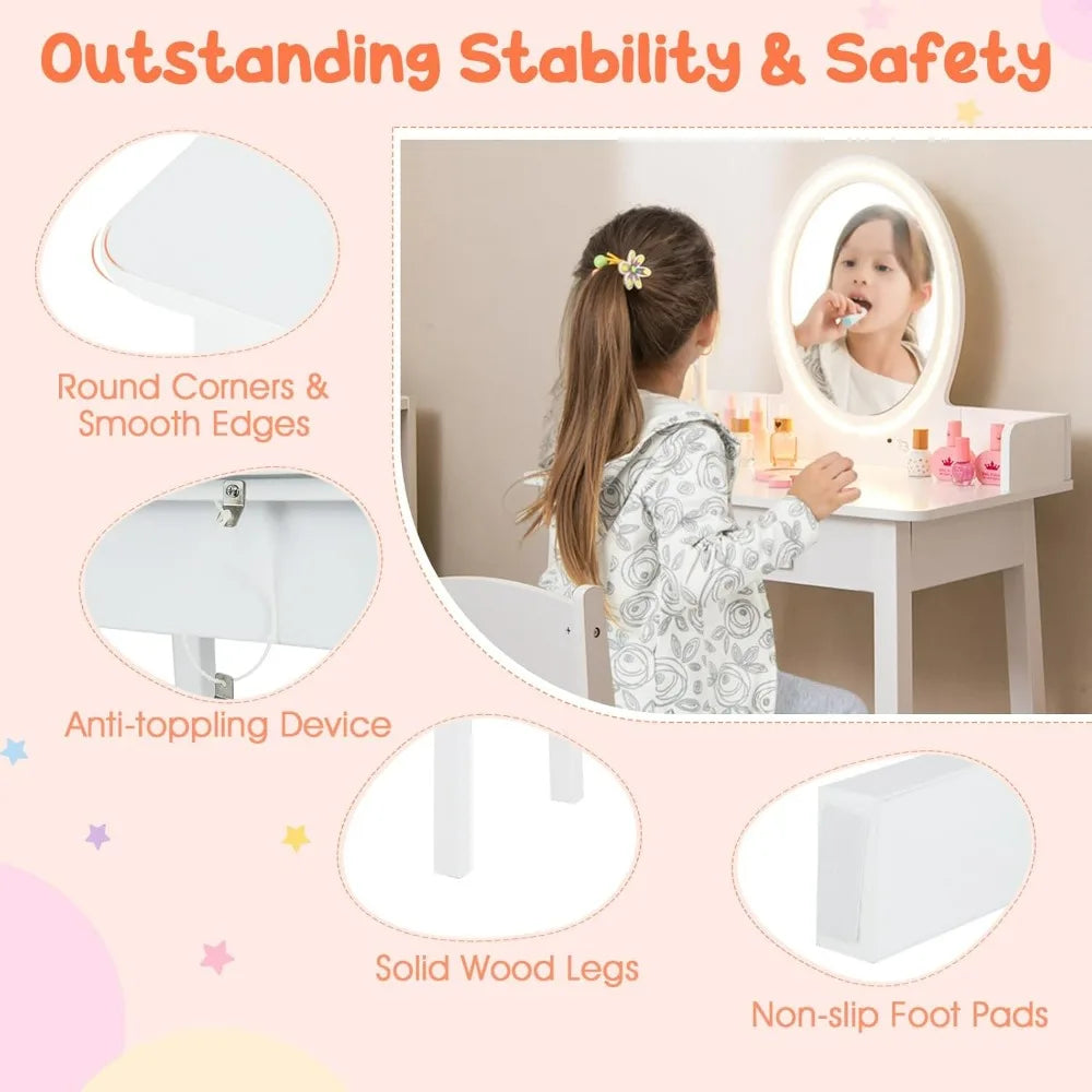 Kids vanity girls set with mirror and stool lights drawer jewelry rack 2 in 1 wooden princess makeup desk dressi