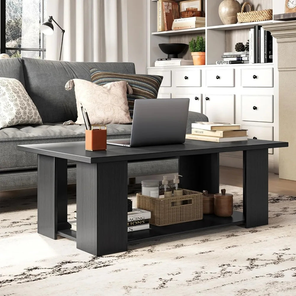 Modern rectangular 2-tier coffee table with 5 wooden support legs for living room decor - united states / black