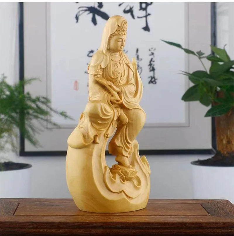Natural cypress guanyin decorative figures statue solid wood carved chinese buddha statues home room office feng shui