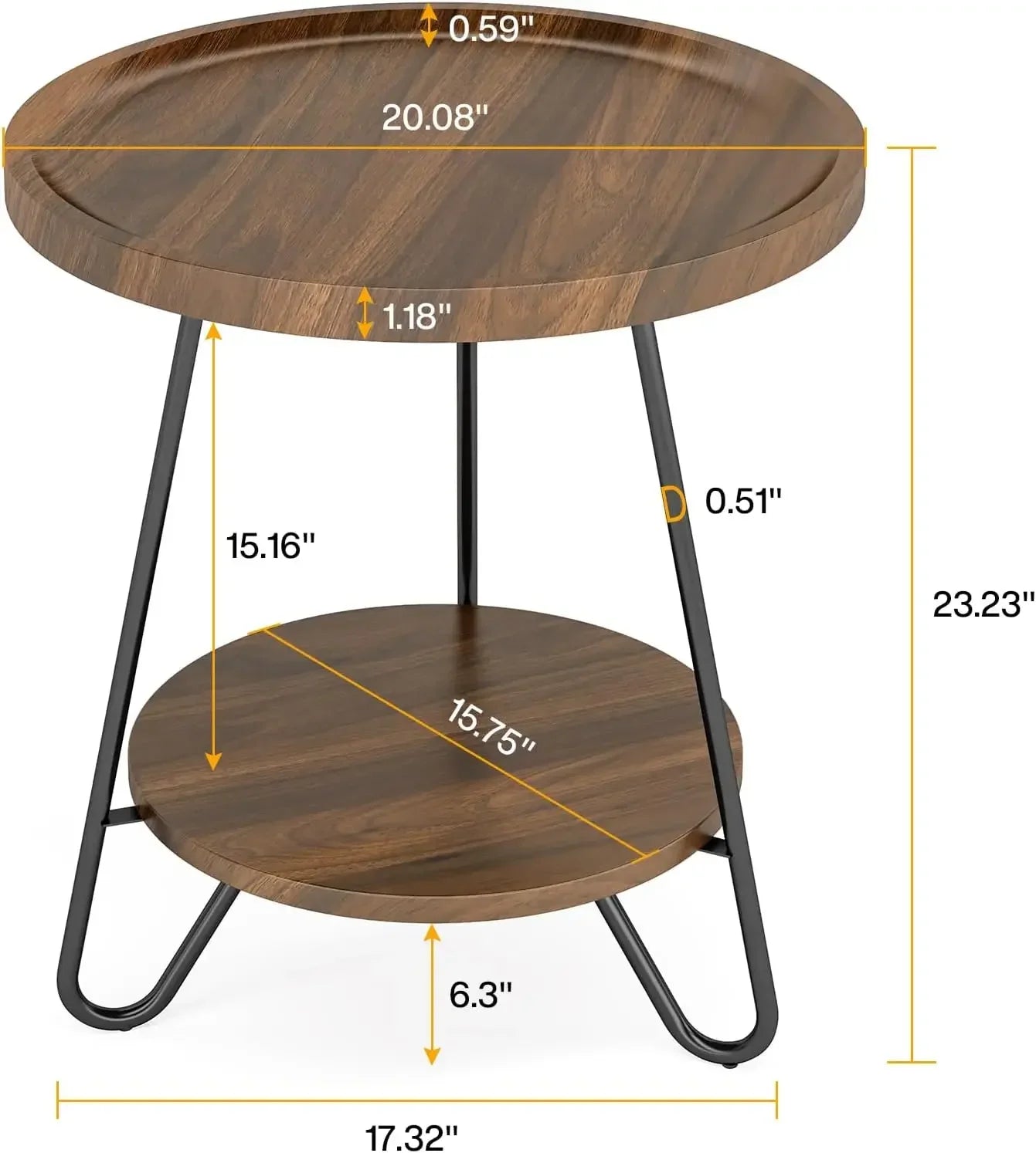 Round side table 2-tier end with metal legs modern industrial beside small accent snack for living - united states