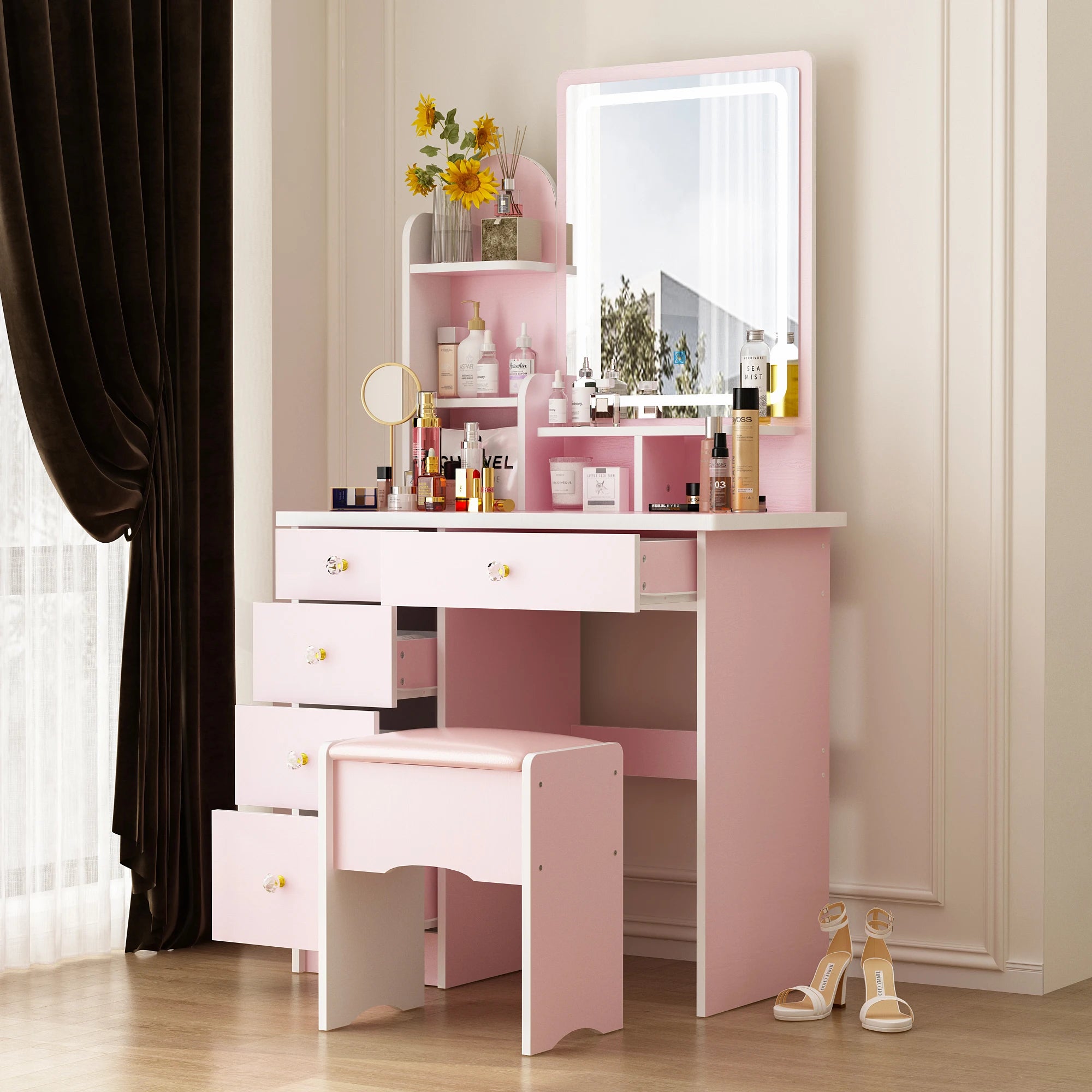 Fufu&gaga makeup vanity desk with lighted mirror set 5 drawers open shelves & cushion stool for bedroom pink - united