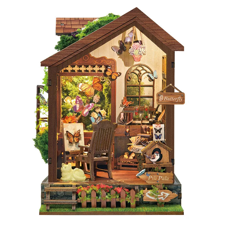 Butterfly house bookend miniature model kits diy wooden book nook shelf kit with lights bookshelf for friends birthday