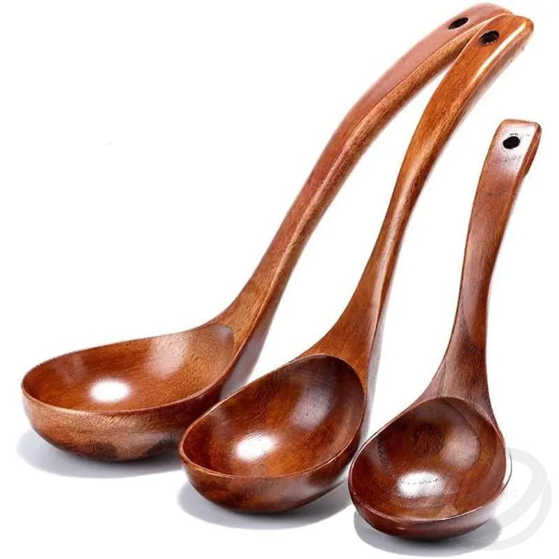 Wooden kitchenware serving spoon ladle large natural wood soup cooking utensil handmade tableware - 1set
