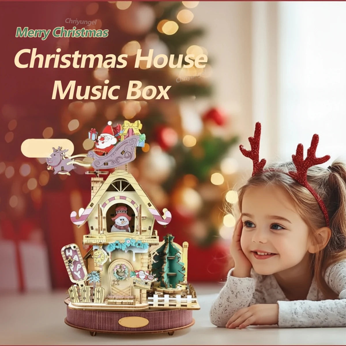Chriyungel christmas music box diy assembly 3d wooden puzzles rotating model building kits decor xmas gift for adults