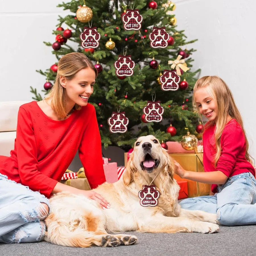 Christmas dog paw wooden ornaments for tree print hanging decoration with bow ties ropes holiday f - united states