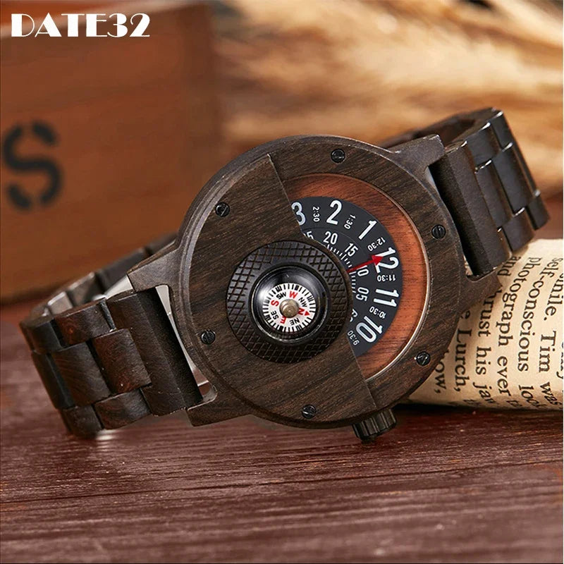 Multifunction wooden wristwatch for men quartz wrist watches creative compass man clock black walnut red wood band case