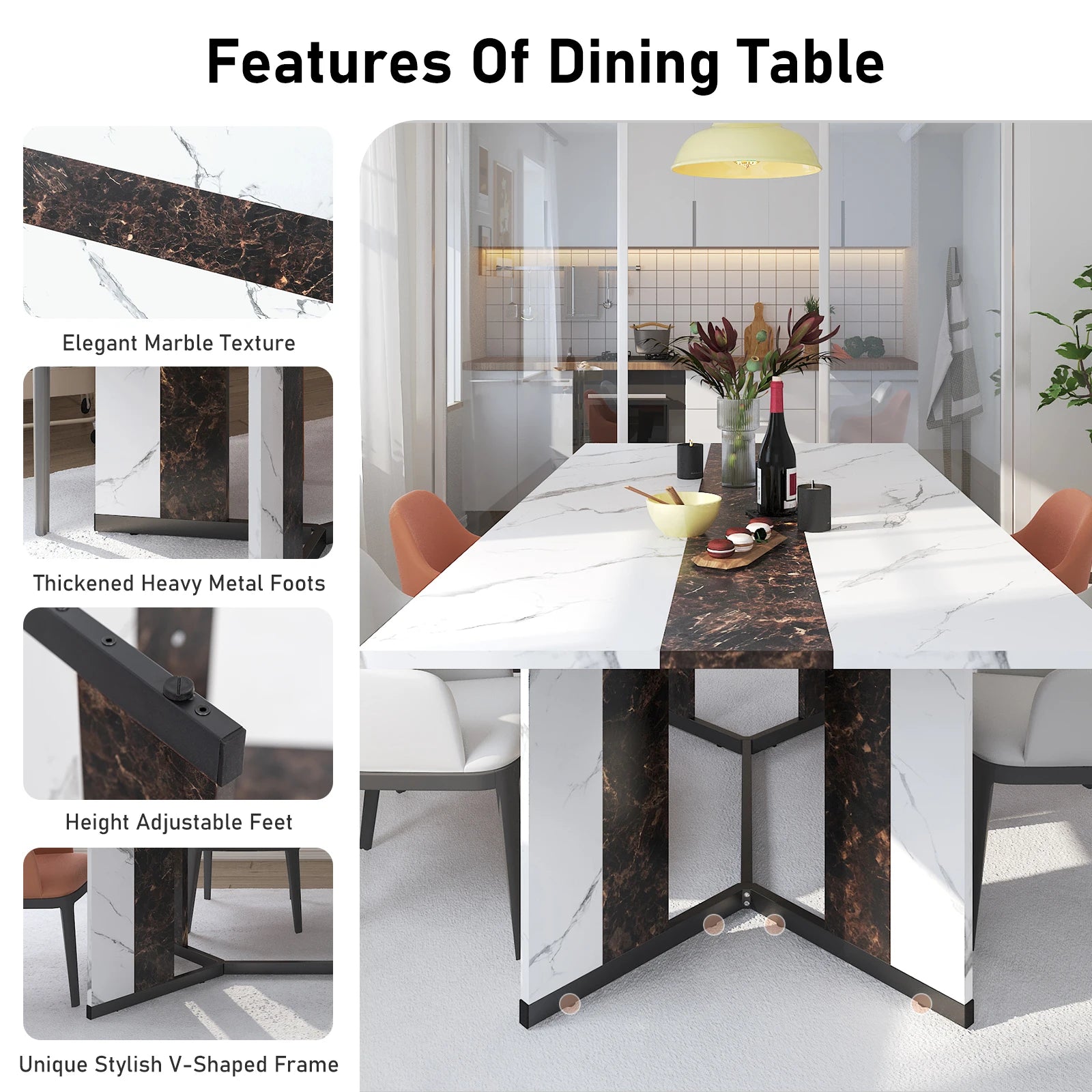 71in large rectangular white dining table for 4 5 6 8 10 people family dinner w/marble color wood tabletop metal leg