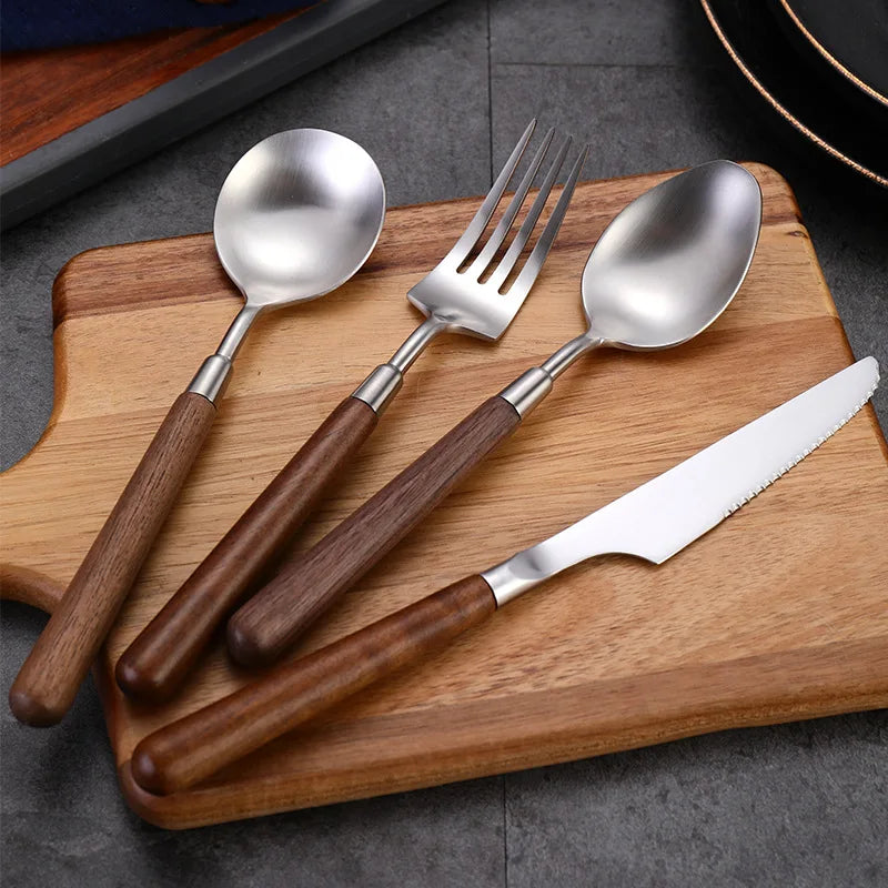 Stainless steel knife fork spoon walnut handle western tableware high-value japanese retro wooden - set