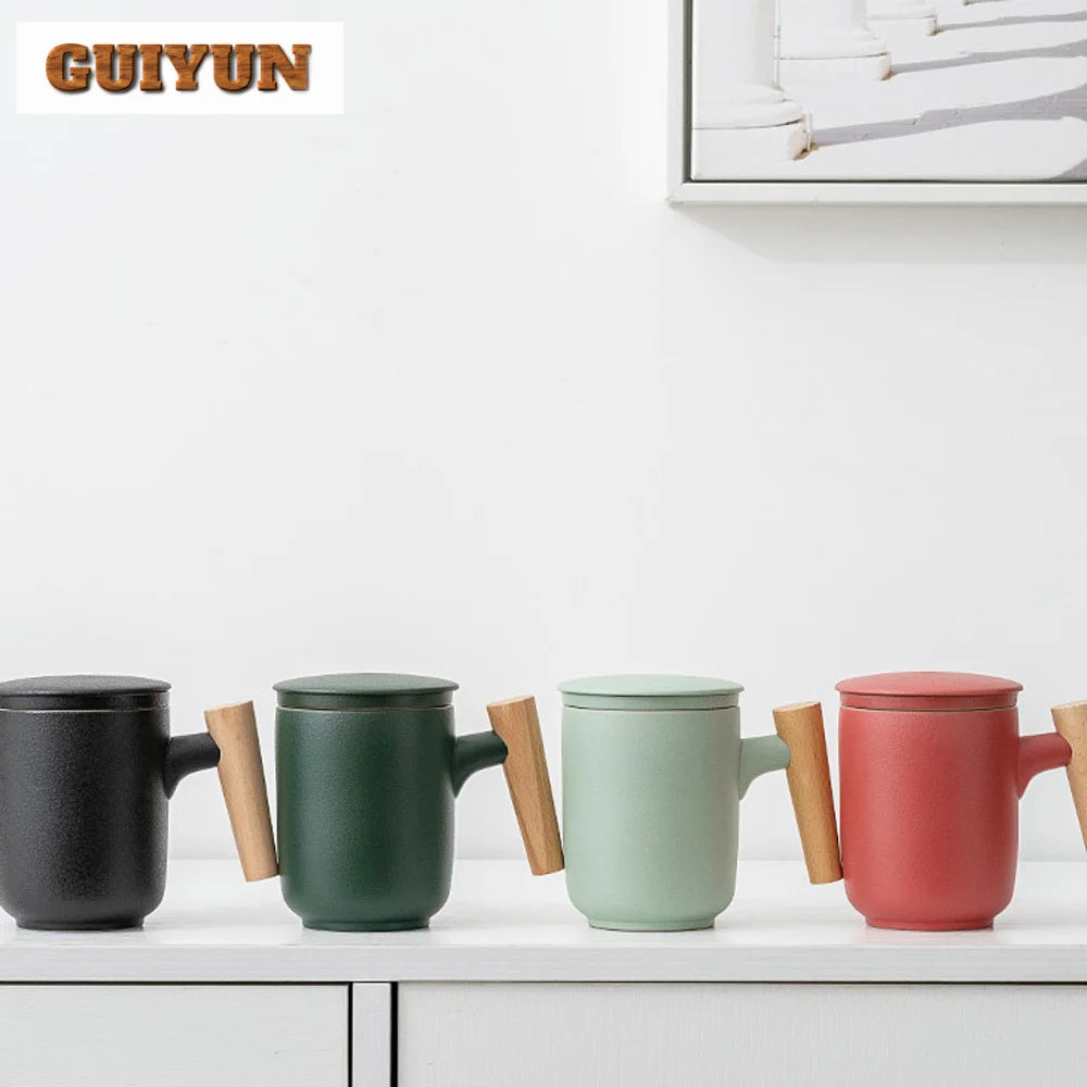 380ml teacup mugs with dustproof lid tea filter heat resistant infuser coffee cup wooden handle personal mug
