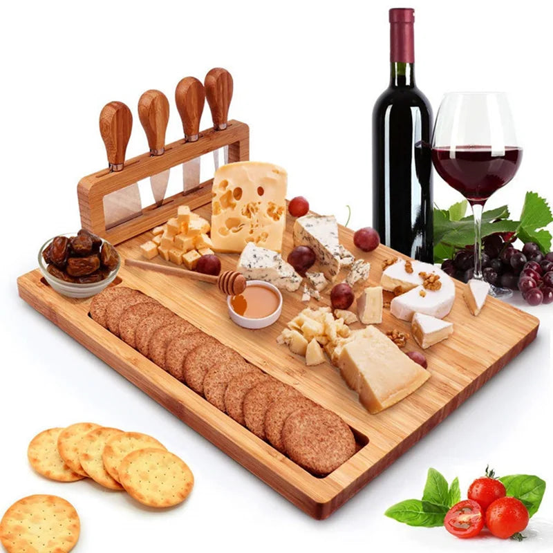 Large bamboo cheese board with 4 knives chopping set for weddings birthdays christmas kitchen wooden - 35.5x28x1.5cm