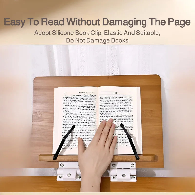 Solid wood reading rack foldable with elastic page clips book stand adjustable 360° rotating base laptop holder