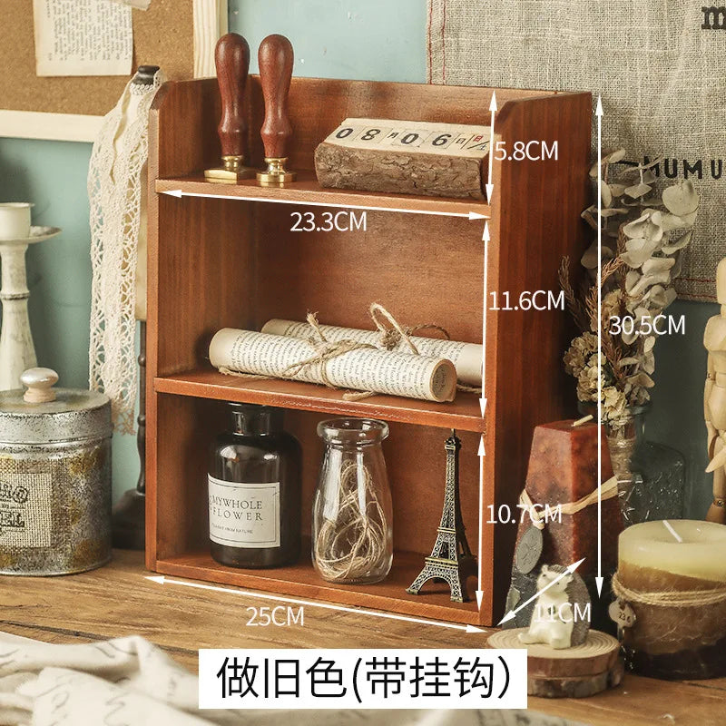 Retro wooden desk storage box multi-layer doll figure display stand desktop drawer type cosmetic jewelry decoration