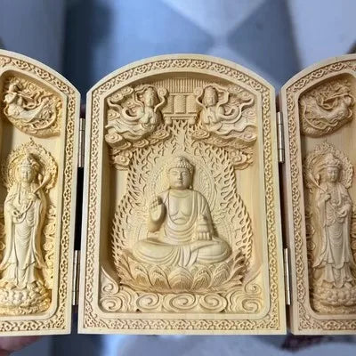 Solid wood carving three open buddha statue collapsible sculpture living room and bedroom decoration modern art - 24