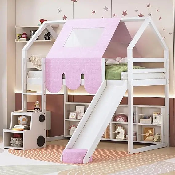 Merax kids wood low loft bed with full length guardrail bunk for juniors no box spring needed espresso - whitepink