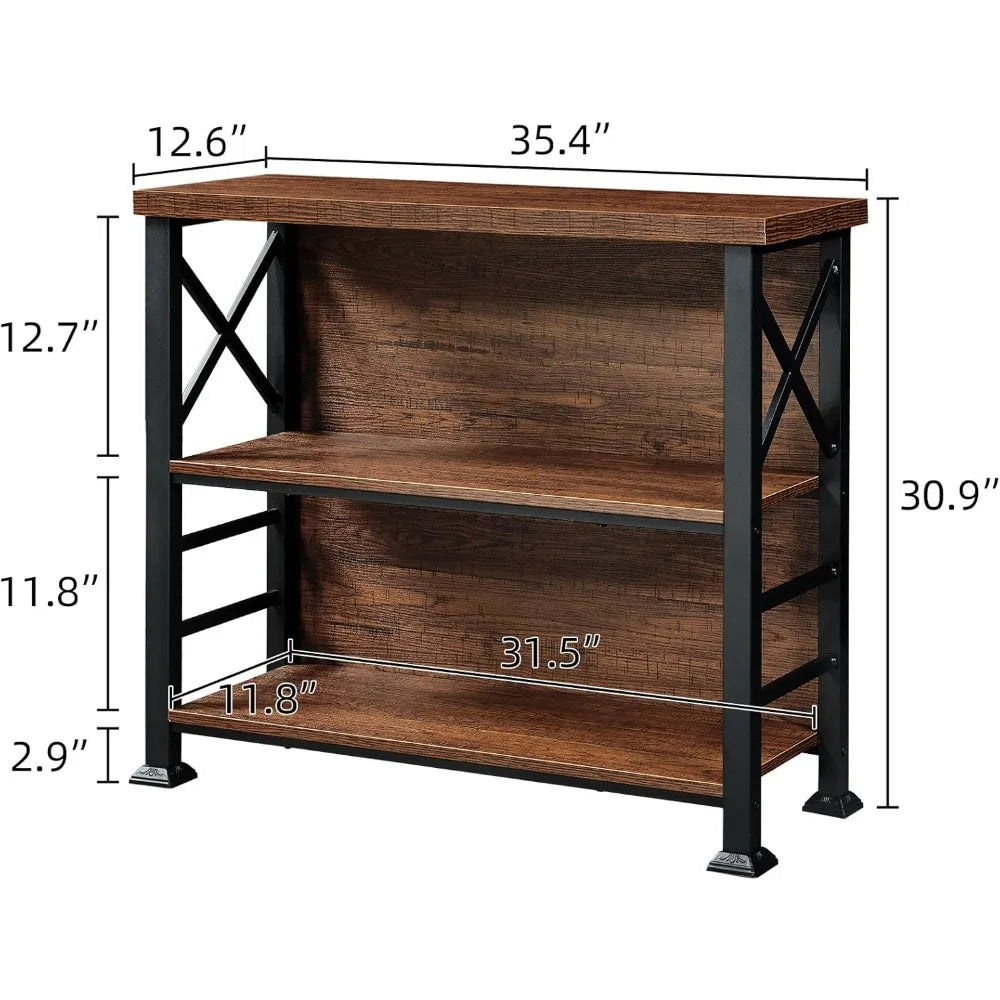 Hombazaar book shelf,3 tier small bookshelf with metal frame and backboard,rustic brown deep bookcase engineered wood