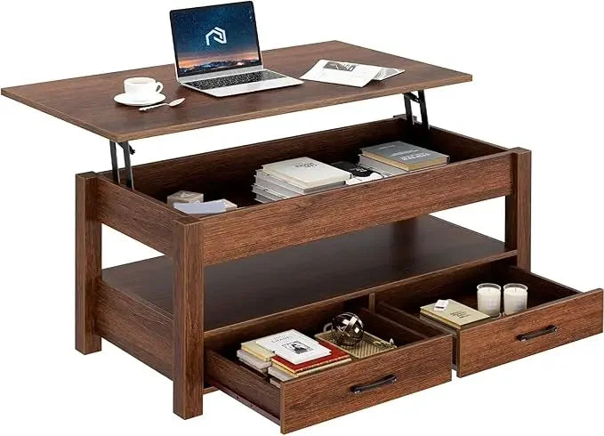 Coffee table 47.2’’ lift top with drawers and hidden compartment retro central wooden tabletop - espresso 47.2 / united