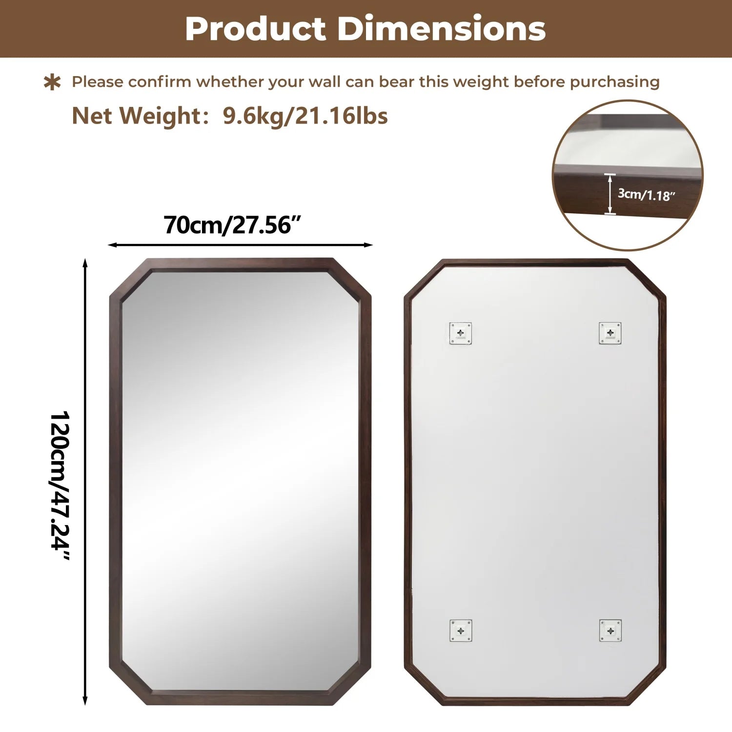 2 shape irregular/octagon wall mirror walnut wood frame decorative for living room bedroom bathroom entryway