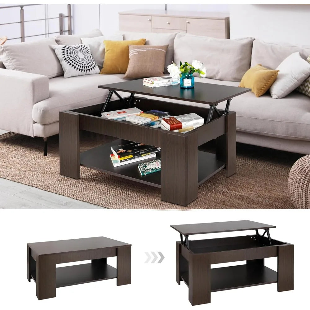 Modern lift top coffee table w/hidden compartment and storage shelves pop-up cocktail for living room reception