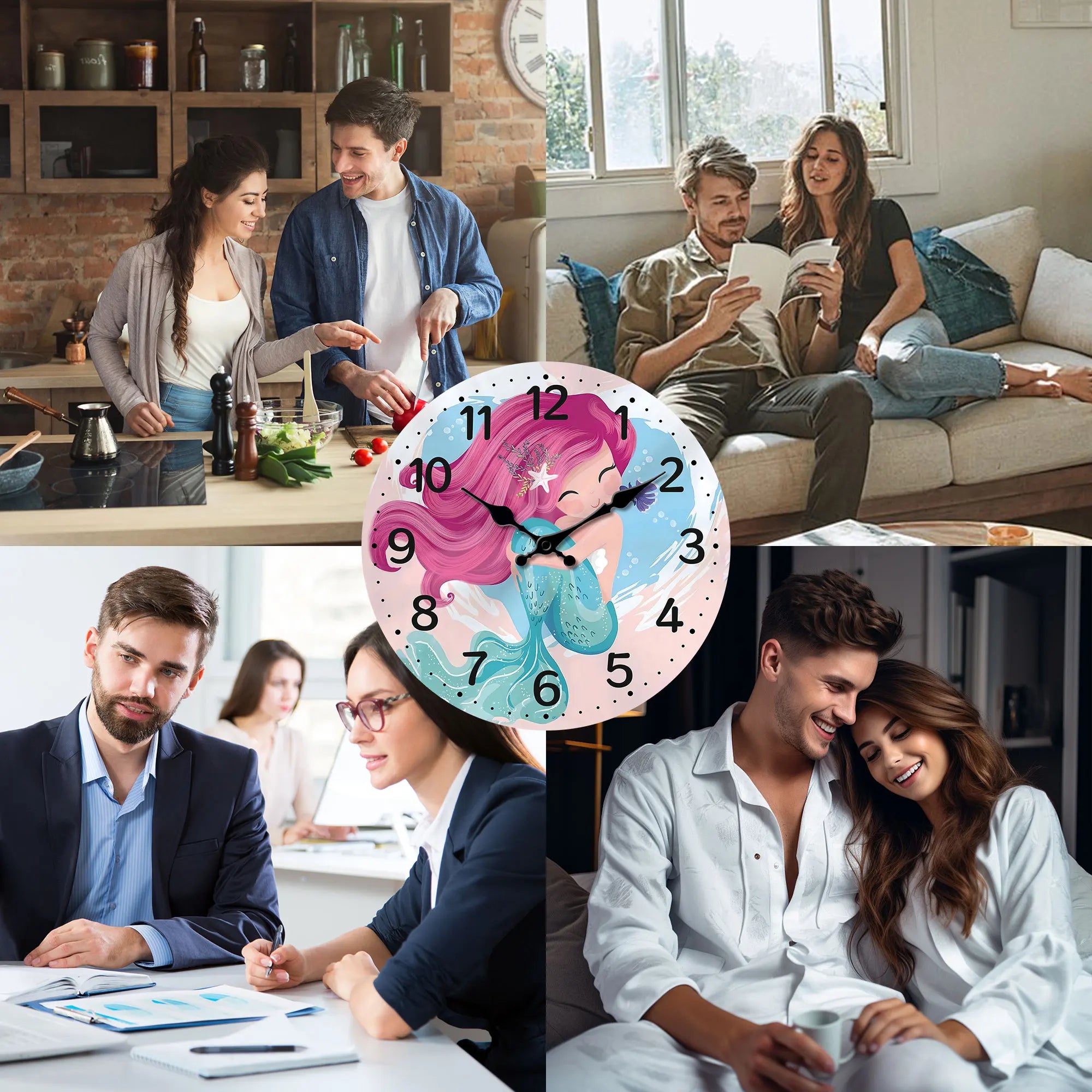 A cute mermaid wooden wall clock sea beach theme battery powered silent quartz living room kitchen bedroom bathroom