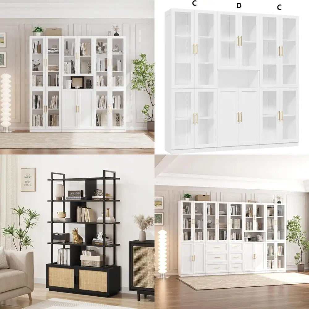 mid-century-narrow-bookcase-adjustable-5-shelf-wooden-book-shelf-with-doors-61-inch-display-case-cabinet-slim-walnut-library