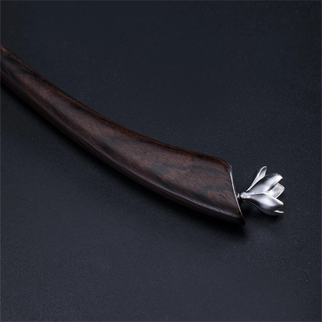 New 100% s925 pure silver women’s men retro hairpin ebony wood magnolia blossom chinese style hanfu hair accessories