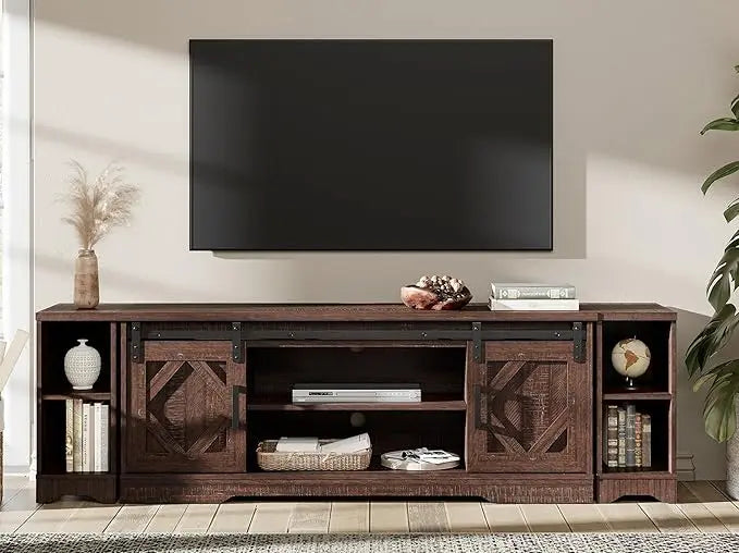 Modern farmhouse 3 in 1 tv stand for up to 85’’ tvs wood entertainment center with sliding barn door and adjustable