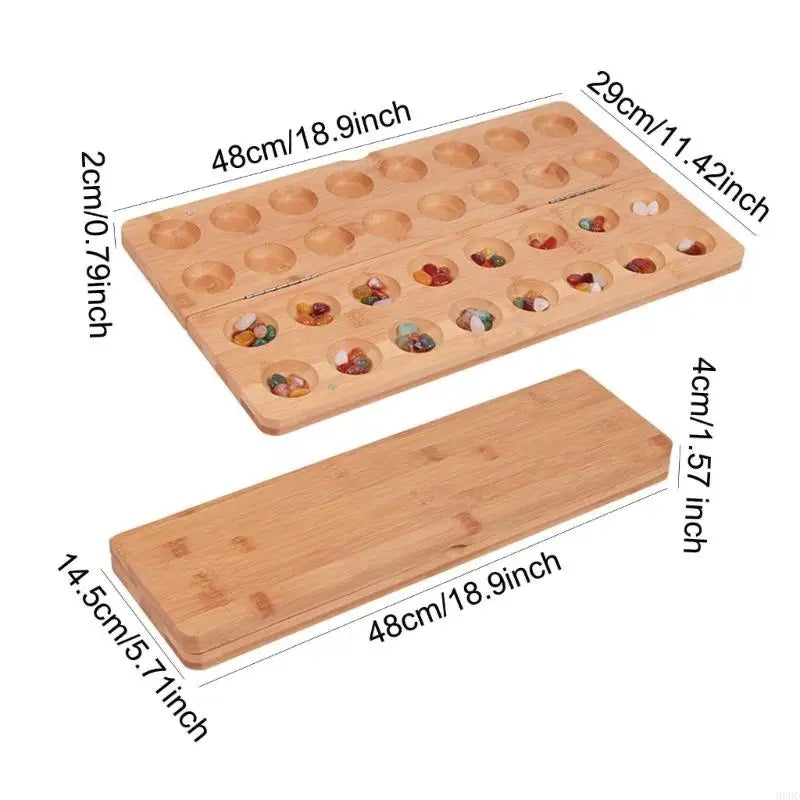 Foldable wooden mancala board game for 2 includes 65 glass rockss 69hd