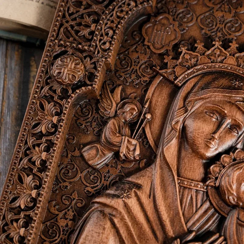 Vintage wood carved catholic religious art our lady statue of perpetual help wall home living decor - (christian)