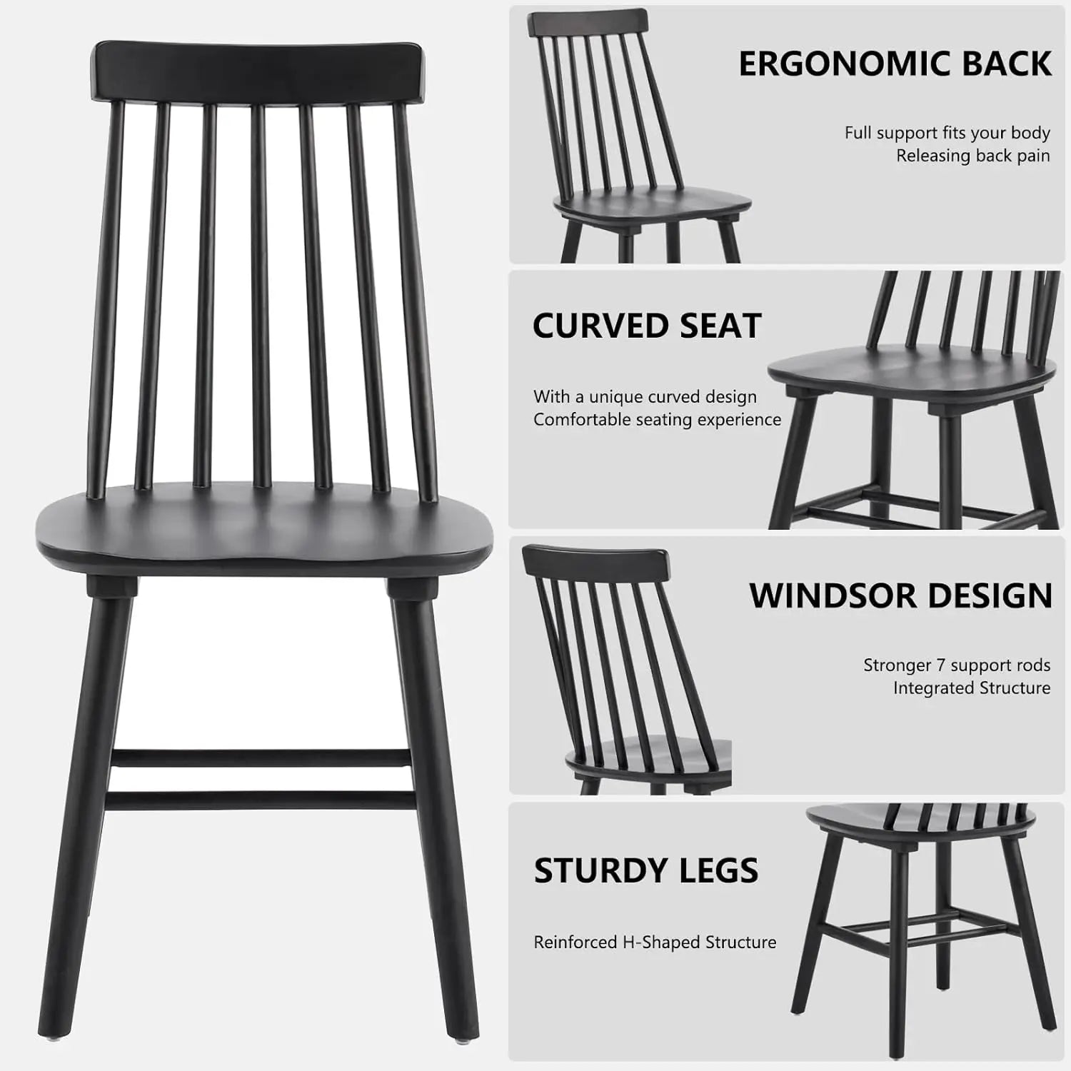 Black wooden dining chairs set of 2 wood room chair spindle side country farmhouse windsor for kitchen