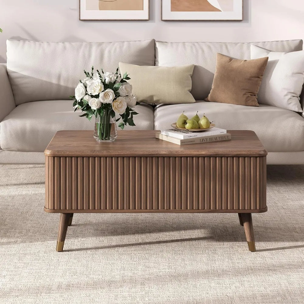 Lift top coffee table with storage,mid century modern table,fluted wood rectangle center for living room,office