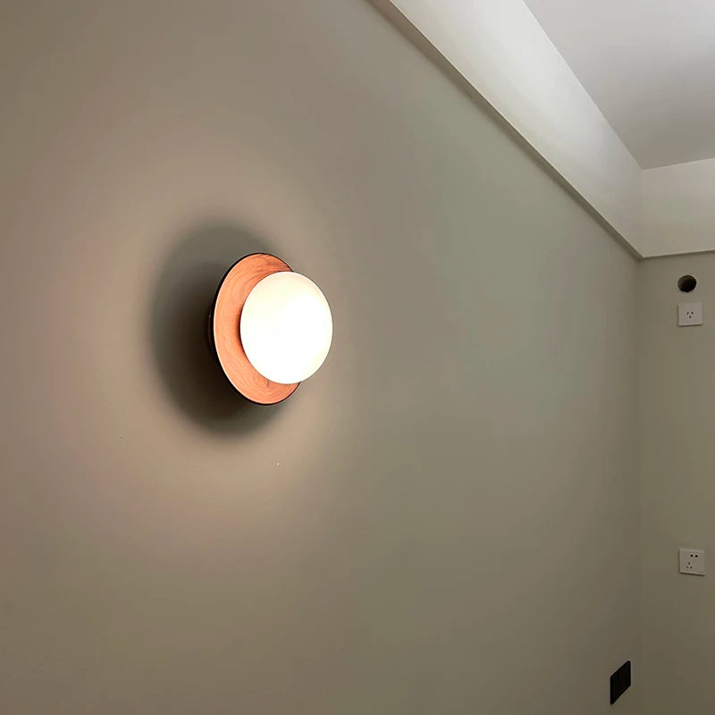 Wabi-sabi style nature wood walnut color bedroom bedside wall lights milky white round glass lamp for hallway stair