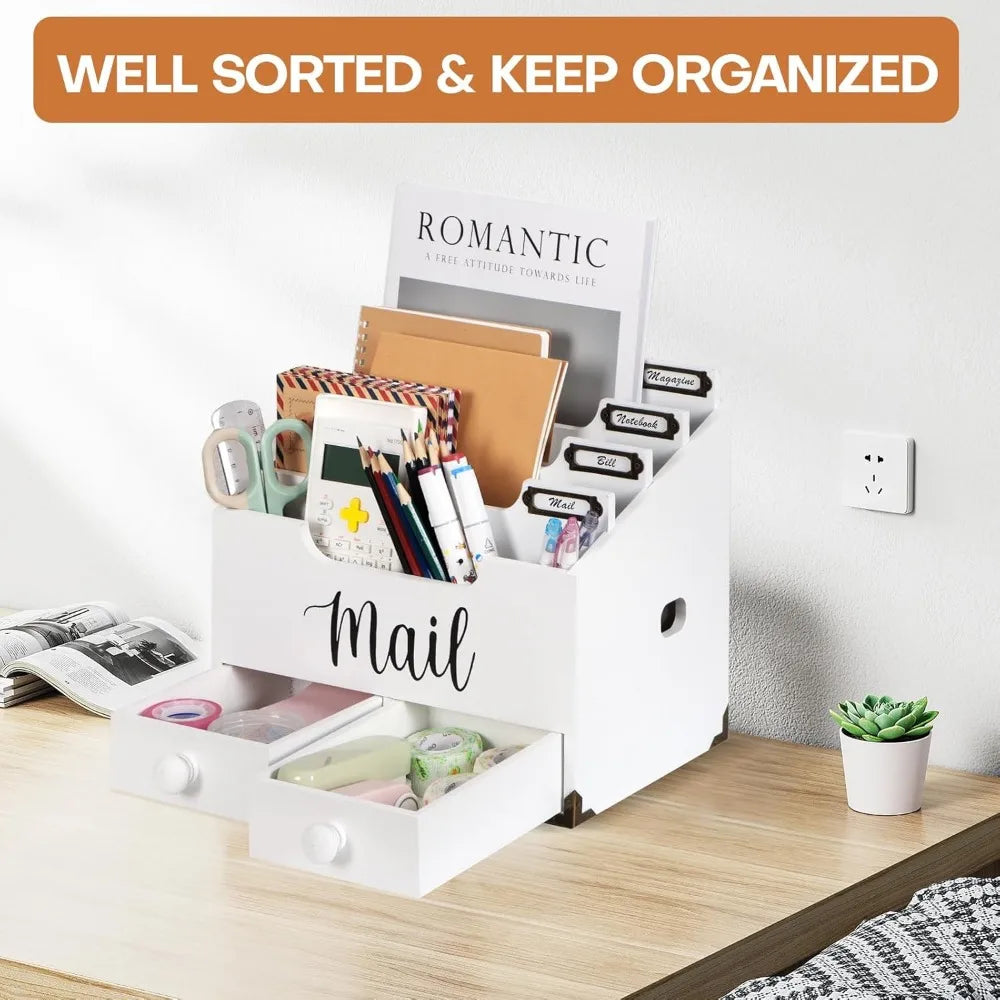 Mail organizer desktop wood desk with 2 drawers 4 compartments for home office accessories white - united states