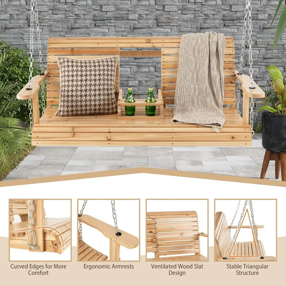 Porch swing with stand wood hanging patio 2 cupholder & heavy-duty a-shaped metal frame 2-person outdoor for - united