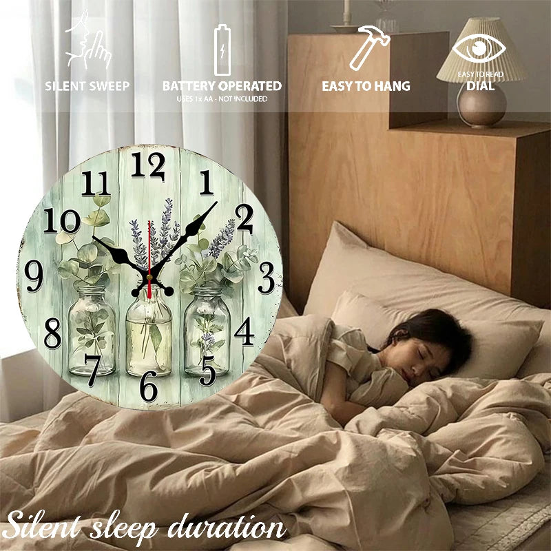 Fresh vase wooden round silent hanging wall clock suitable for living room office study bedroom home decoration