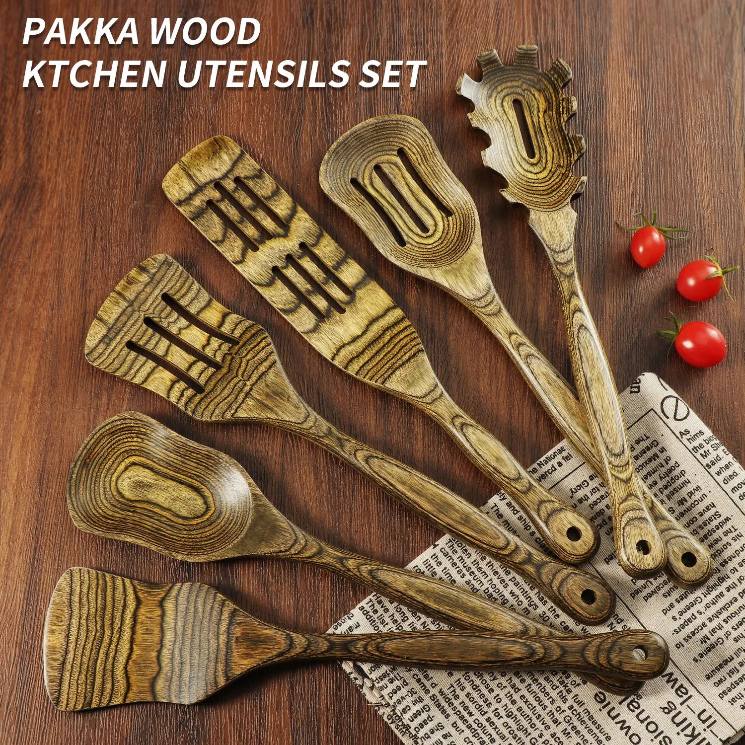 6pcs kitchen utensils set wooden pakkawood cooking spoon slotted spatula cookware turner utensil tools - black / united