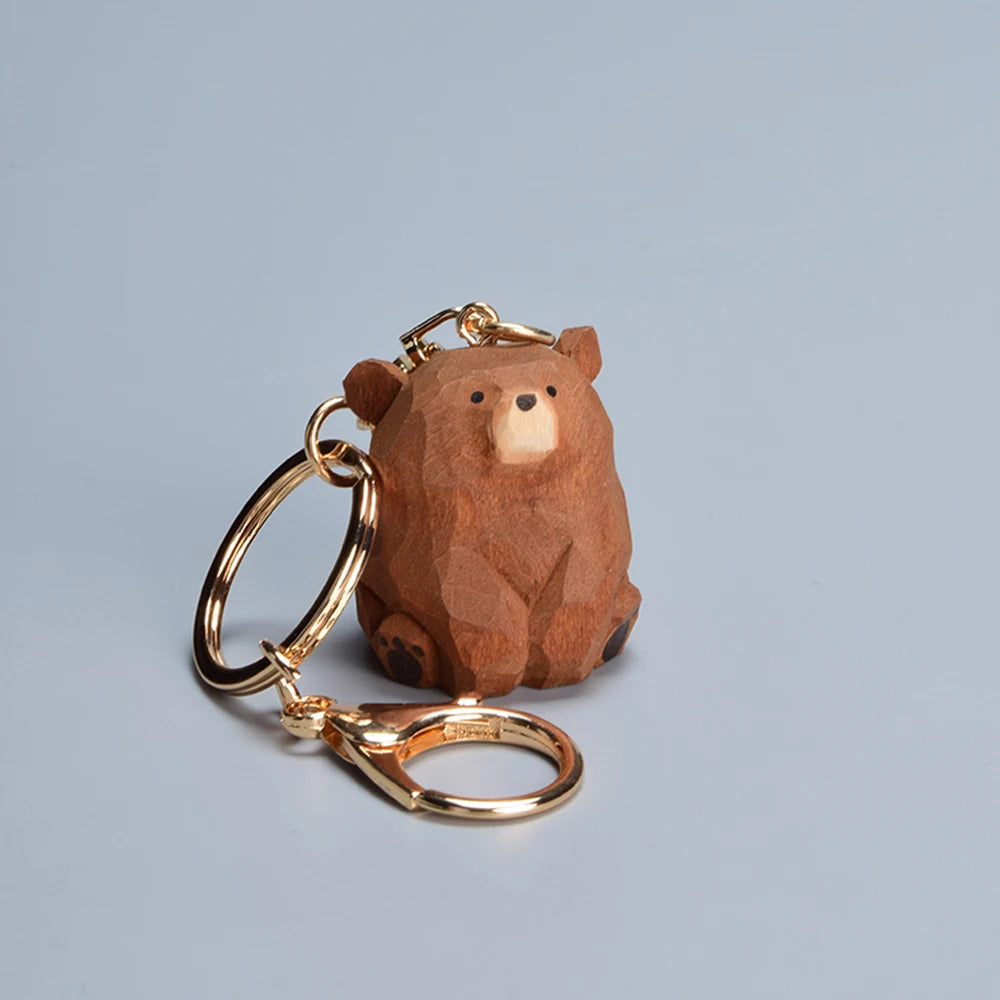 Wooden carved bear keychain cute cartoon animal creative exquisite couple bag pendant wooden teddy bear - brown