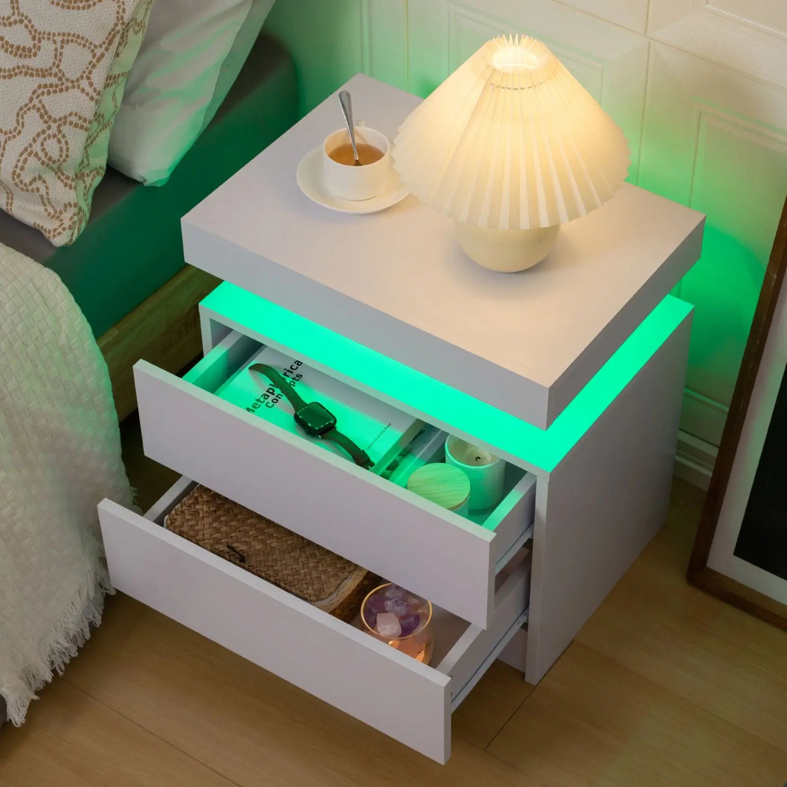 Cubehom led nightstands with 2 drawers end table rgb lights for bedroom living room white bedside