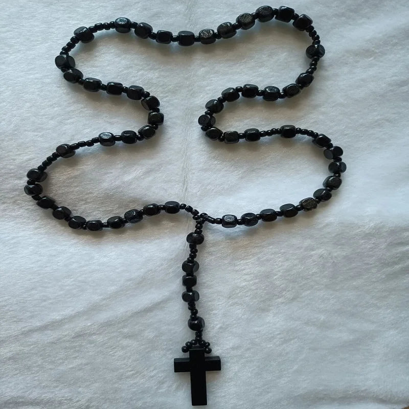 Christ jesus wooden beads necklaces unisex handmade rosary bead cross pendant necklace religious orthodox praying