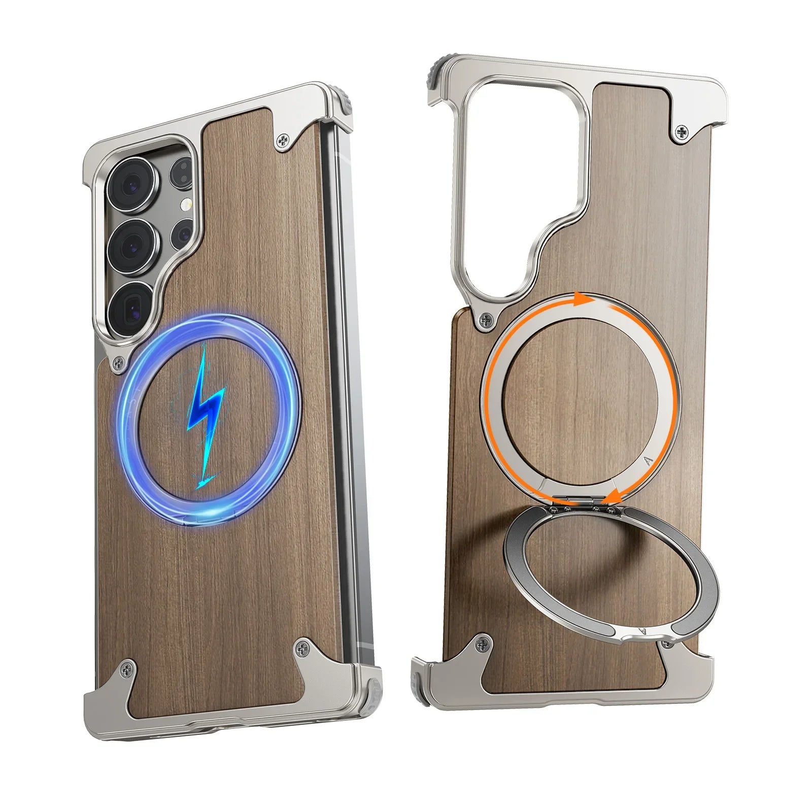 Oatsbasf wood phone case for samsung galaxy s25 s24 ultra with stand 360° rotatable magsafe bumper bezel-less