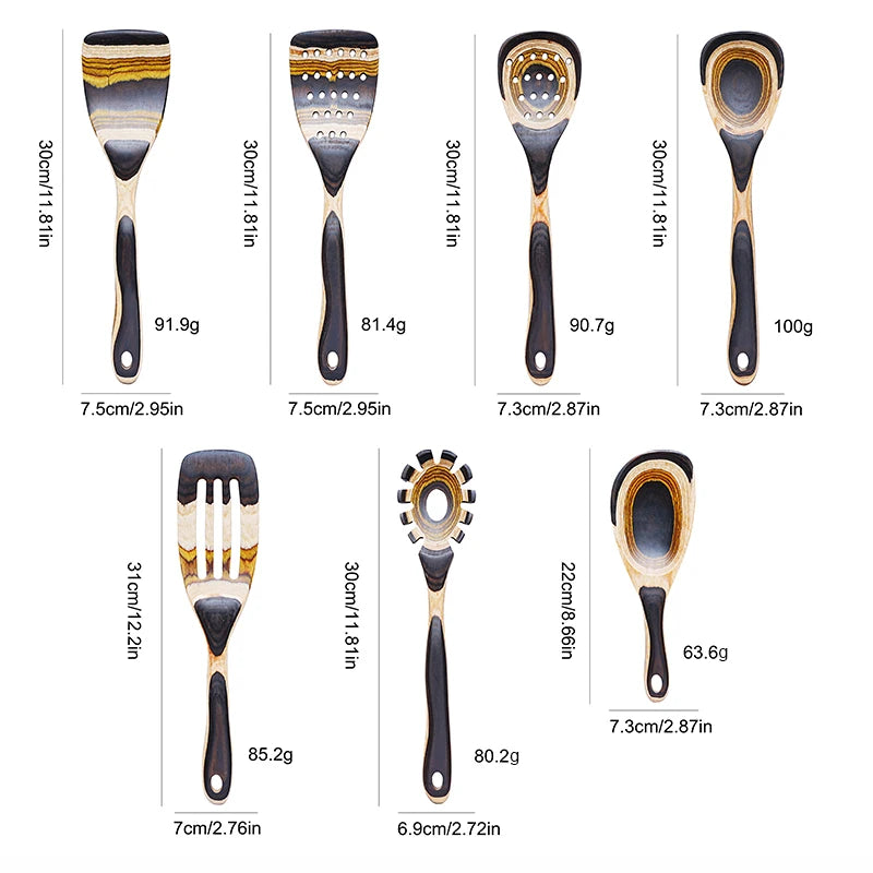 Ik kitchen utensils 7pcs pakkawood cooking set wooden spoons for wood spatula with non-slip handle