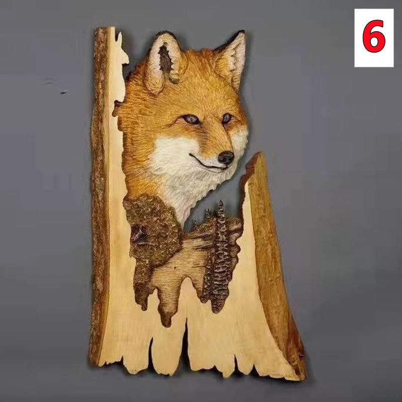 Animal carving handcraft wall hanging sculpture wooden raccoon bear deer fox wolf hand drawn decoration home living
