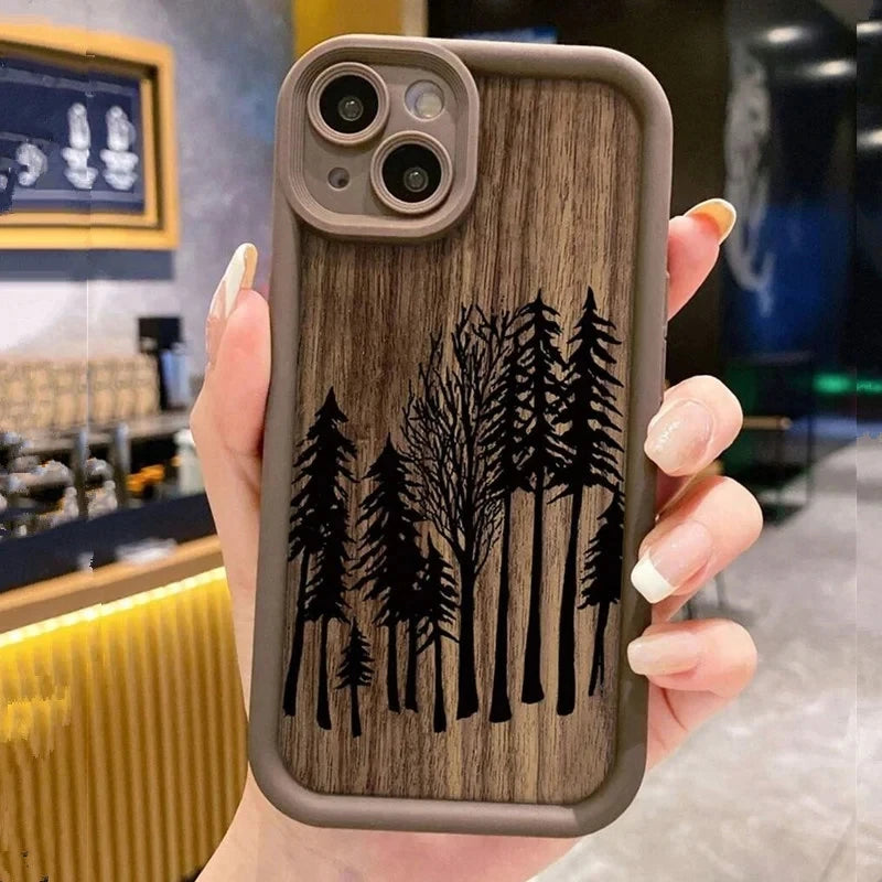 Retro forest brown wood soft phone case for iphone 16 15 14 13 pro max 11 12 mini xr x xs 7 8 plus se2 16e shockproof
