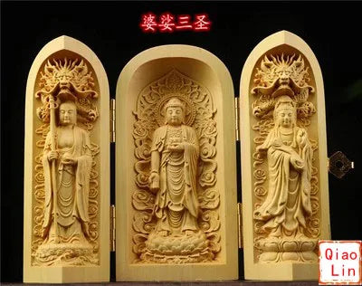 Solid wood carving three open buddha statue collapsible sculpture living room and bedroom decoration modern art - 6