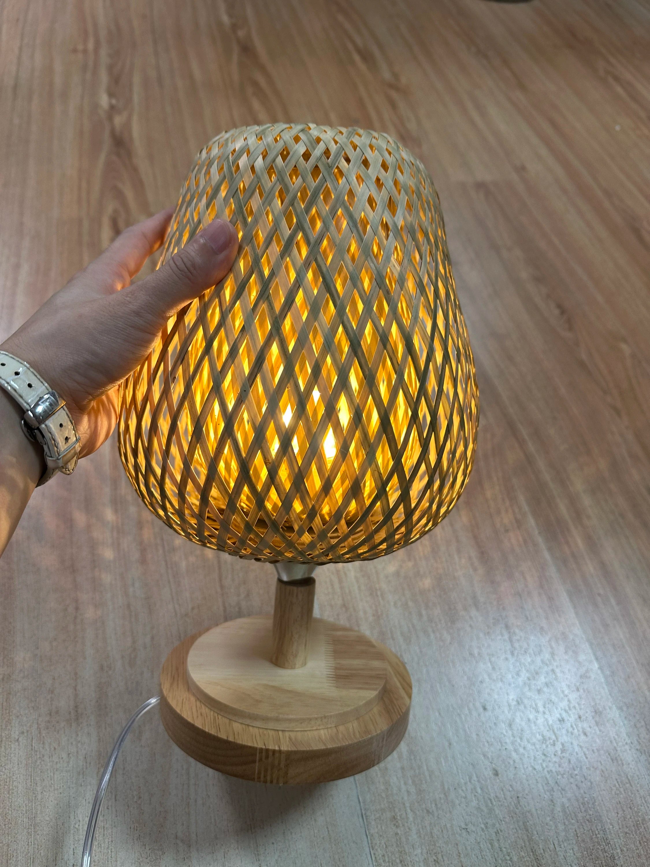 Small rattan table lamp stepless dimmable beside vintage wicker wooden nightstand for bedroom living room desk