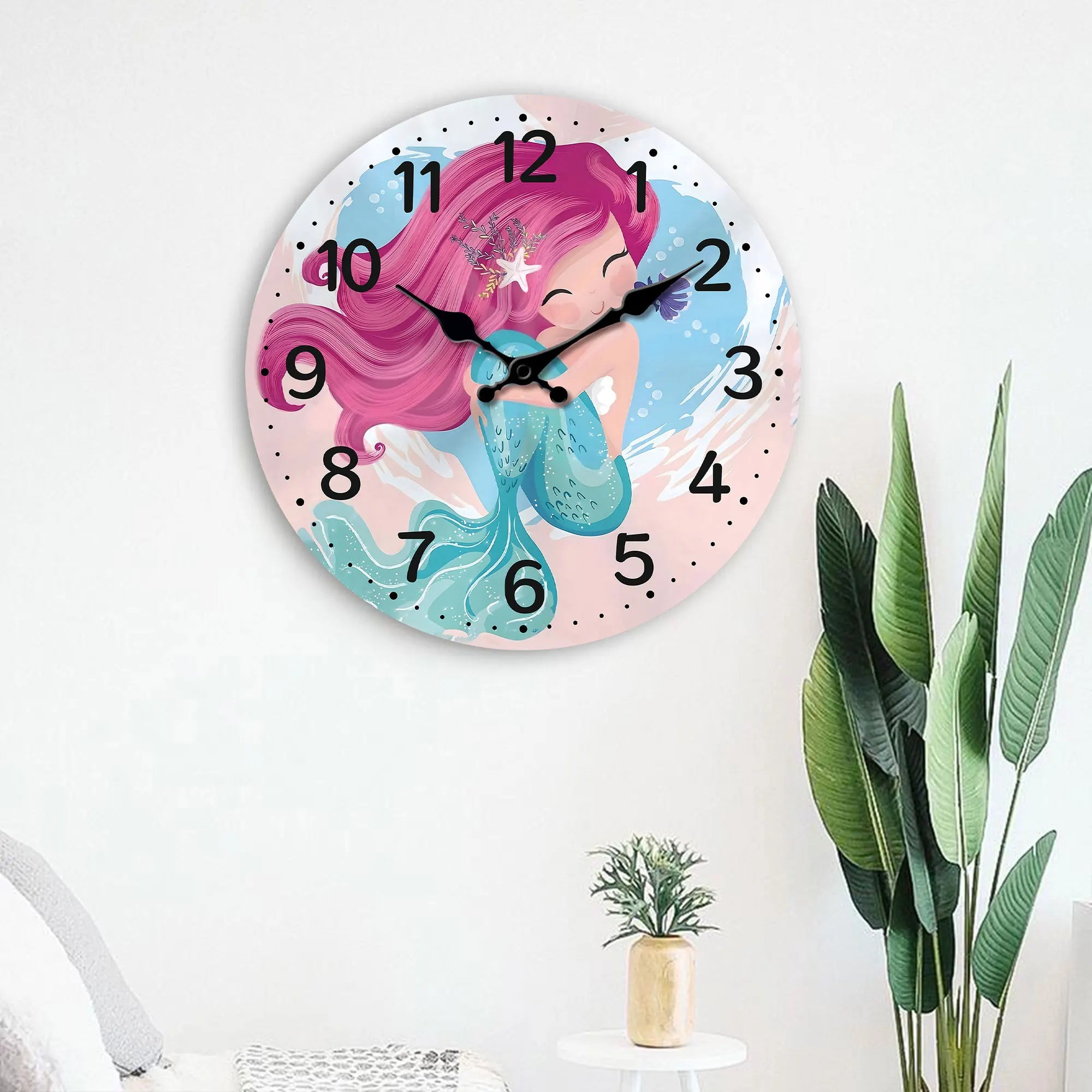 A cute mermaid wooden wall clock sea beach theme battery powered silent quartz living room kitchen bedroom bathroom