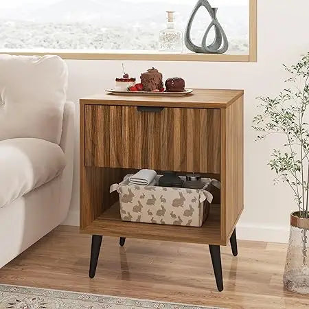 Contemporary fluted nightstand: natural wood with drawer and open shelf - united states / brown